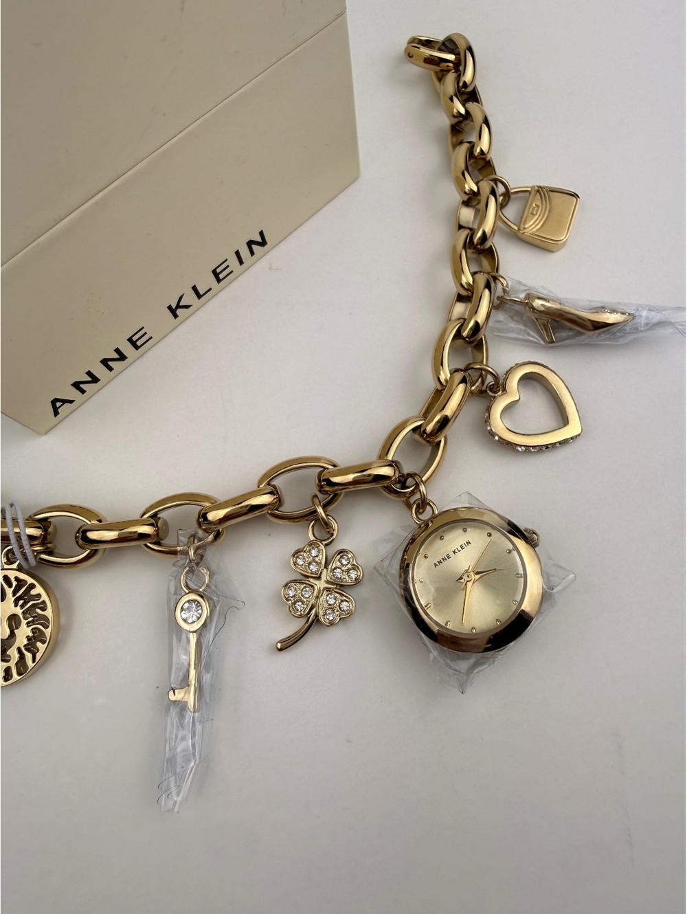 Anne Klein Gold Crystal Multi-Charm Bracelet Watch Heart Clover Key Heel NWT